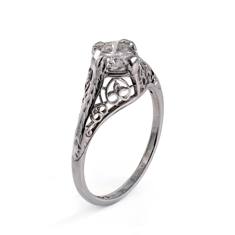 Antique Art Deco 18K White Gold Transitional Cut Diamond Filigree Ring