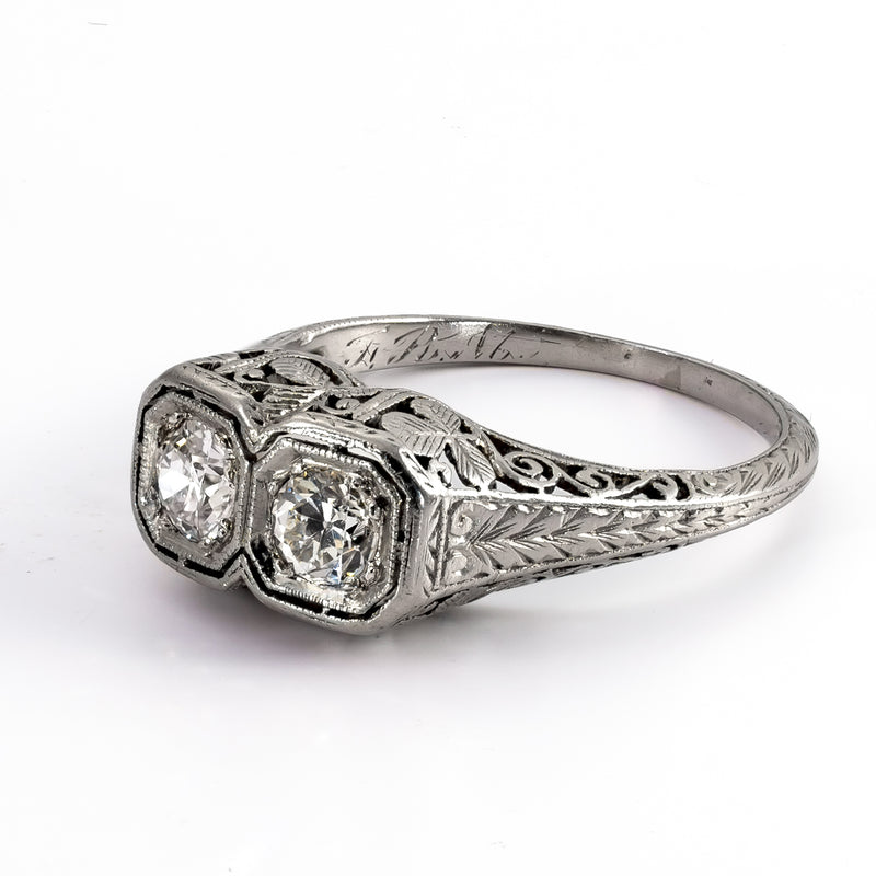 Art Deco Platinum Toi et Moi Diamond Ring with Unusual Shamrock Motif