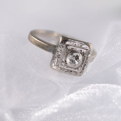 Circa 1935 Art Deco shield form Old European cut diamond ring in 14K white gold