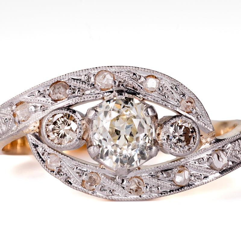 Edwardian Art Nouveau Old Mine Cut Diamond Bypass Ring in 18k Gold & Platinum, Circa 1910