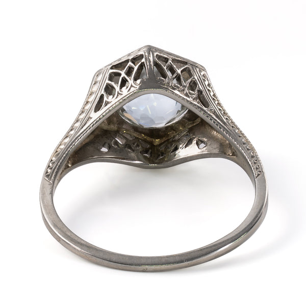 Rear view showing the pierced geometric openwork under-gallery and culet of the aquamarine in an Art Deco setting.