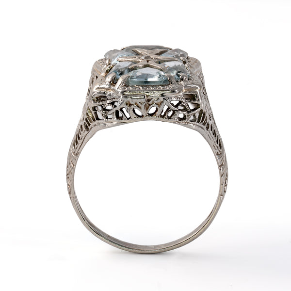 End-on profile view showing the elevated gallery height, pierced side design, and smooth 18K white gold shank.