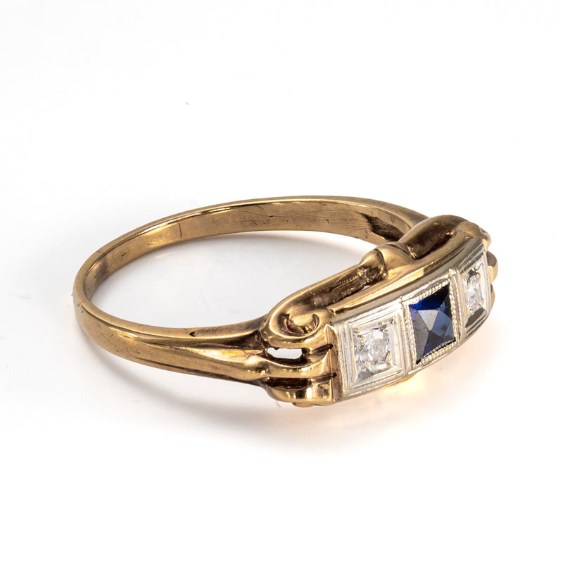 Late Edwardian Sapphire & Diamond Three Stone Ring in Two-Tone 14K Gold