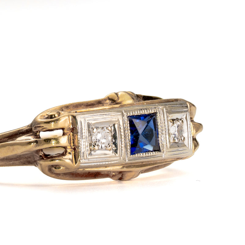Late Edwardian Sapphire & Diamond Three Stone Ring in Two-Tone 14K Gold