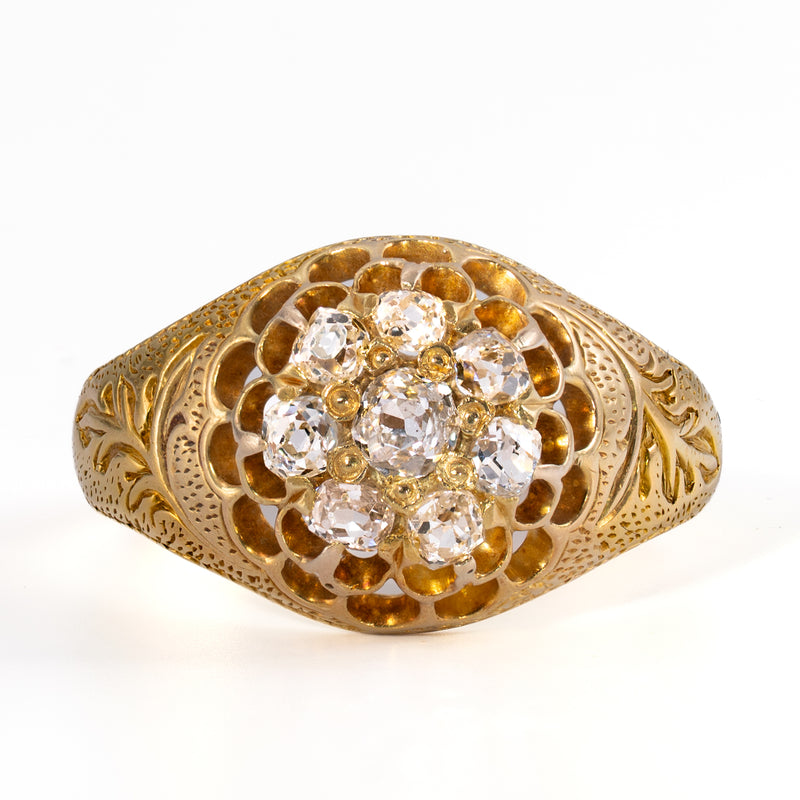 Victorian Old Mine Cut Diamond Cluster Ring | Hand Engraved 18K Gold | Circa 1880–1900