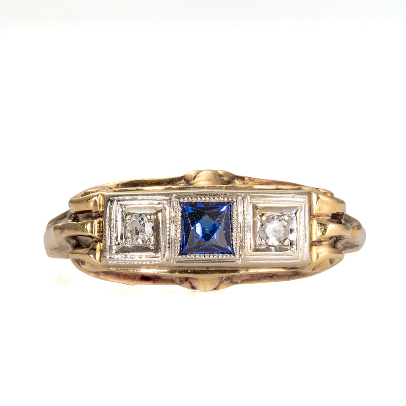 Late Edwardian Sapphire & Diamond Three Stone Ring in Two-Tone 14K Gold