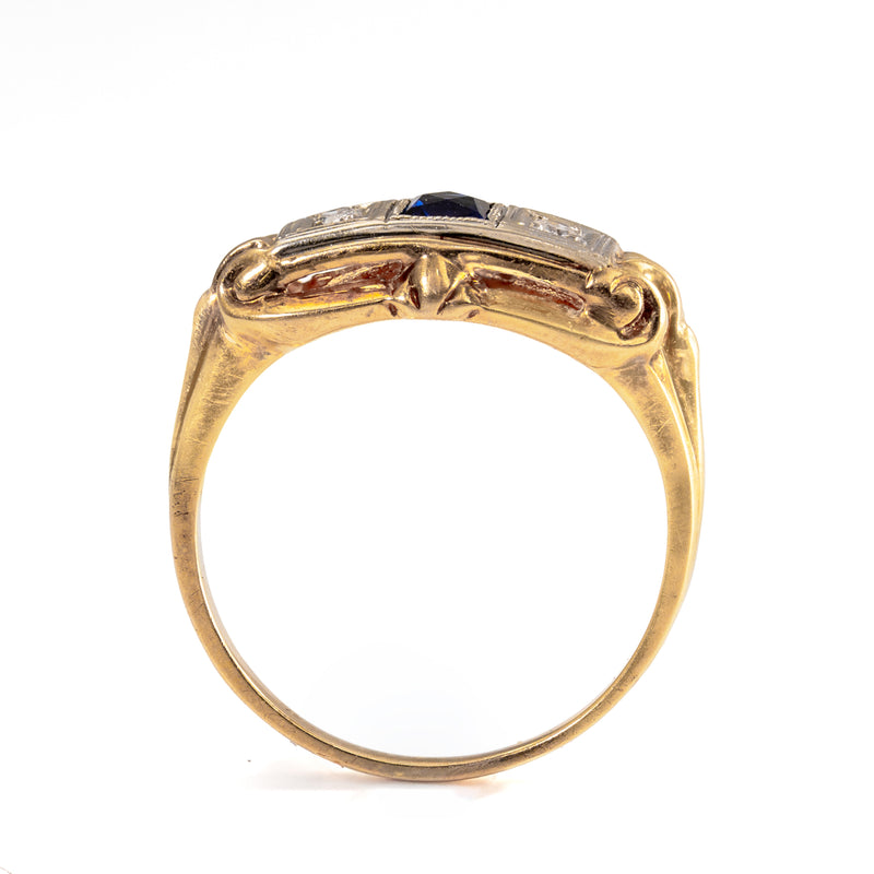 Late Edwardian Sapphire & Diamond Three Stone Ring in Two-Tone 14K Gold