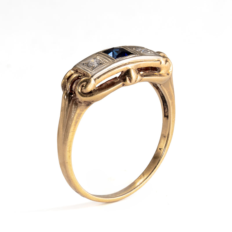 Late Edwardian Sapphire & Diamond Three Stone Ring in Two-Tone 14K Gold