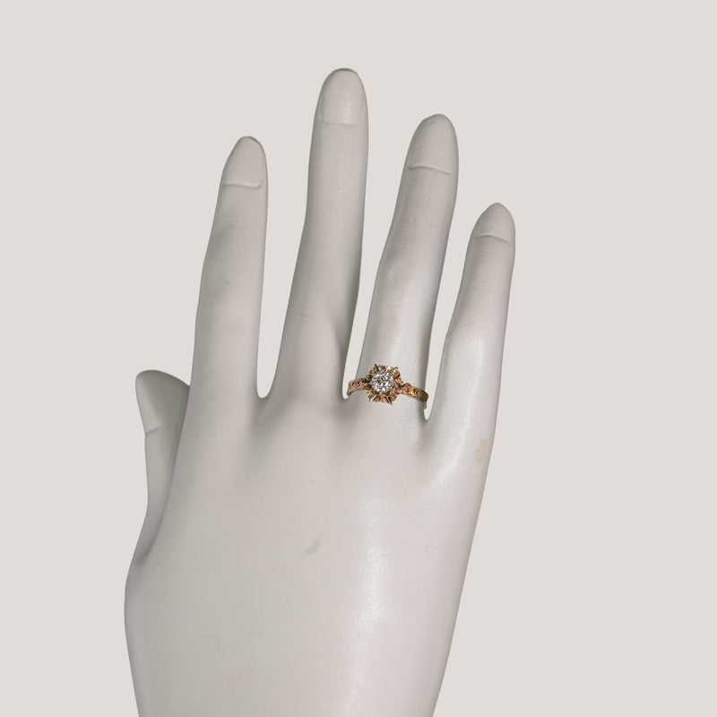 vintage art deco ring on a hand showing its presence and inredible design.